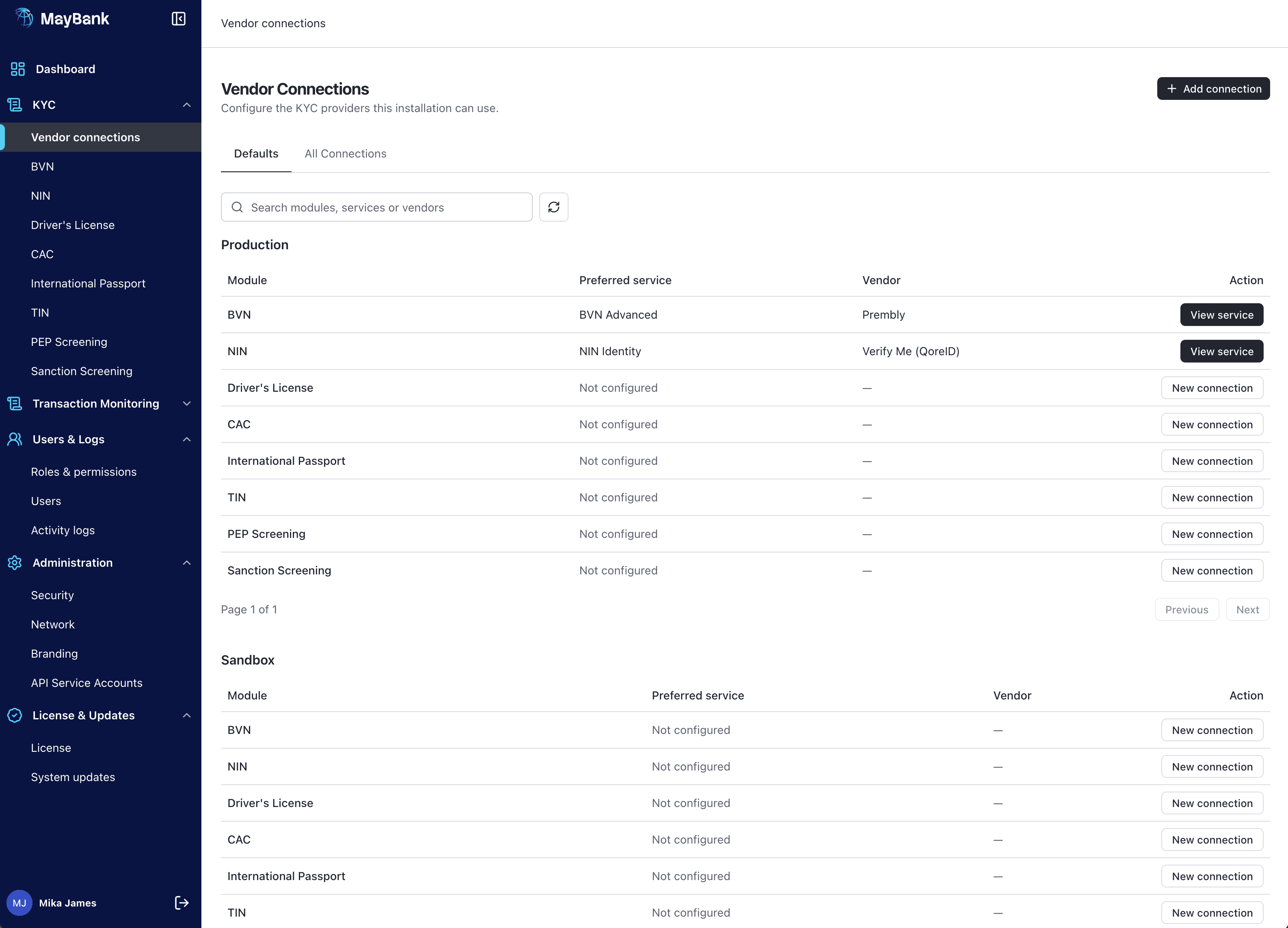 OneView vendor connections dashboard showing configured KYC providers